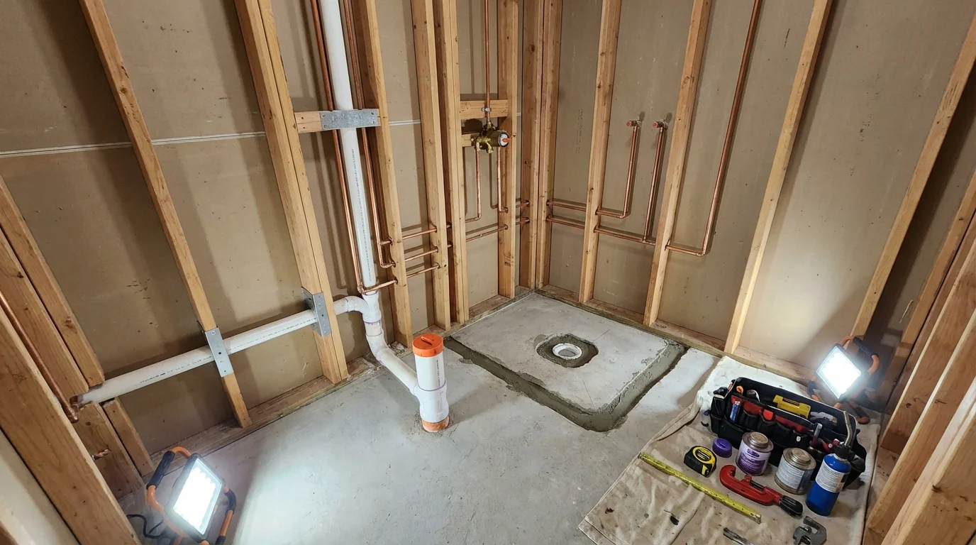 Bathroom rough-in plumbing during remodel by Johns Plumbing LLC in Mineral Point