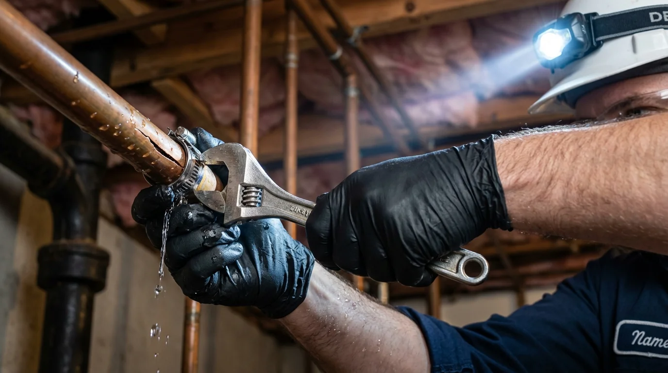 Emergency pipe clamp repair being performed by a Johns Plumbing LLC plumber in Mineral Point