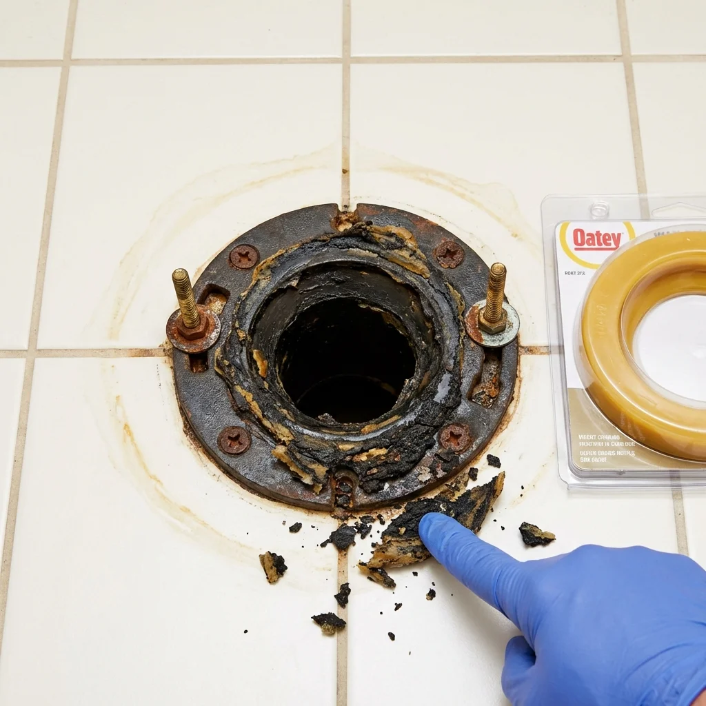 Failed wax ring showing water seepage at the base of a toilet in a Mineral Point, WI home