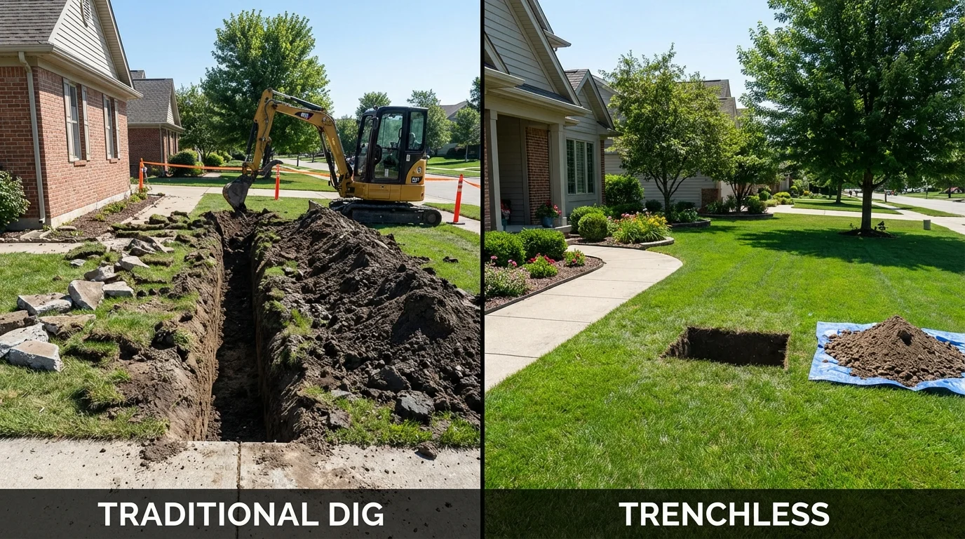 Trenchless sewer repair with minimal yard damage versus traditional excavation in Mineral Point, WI