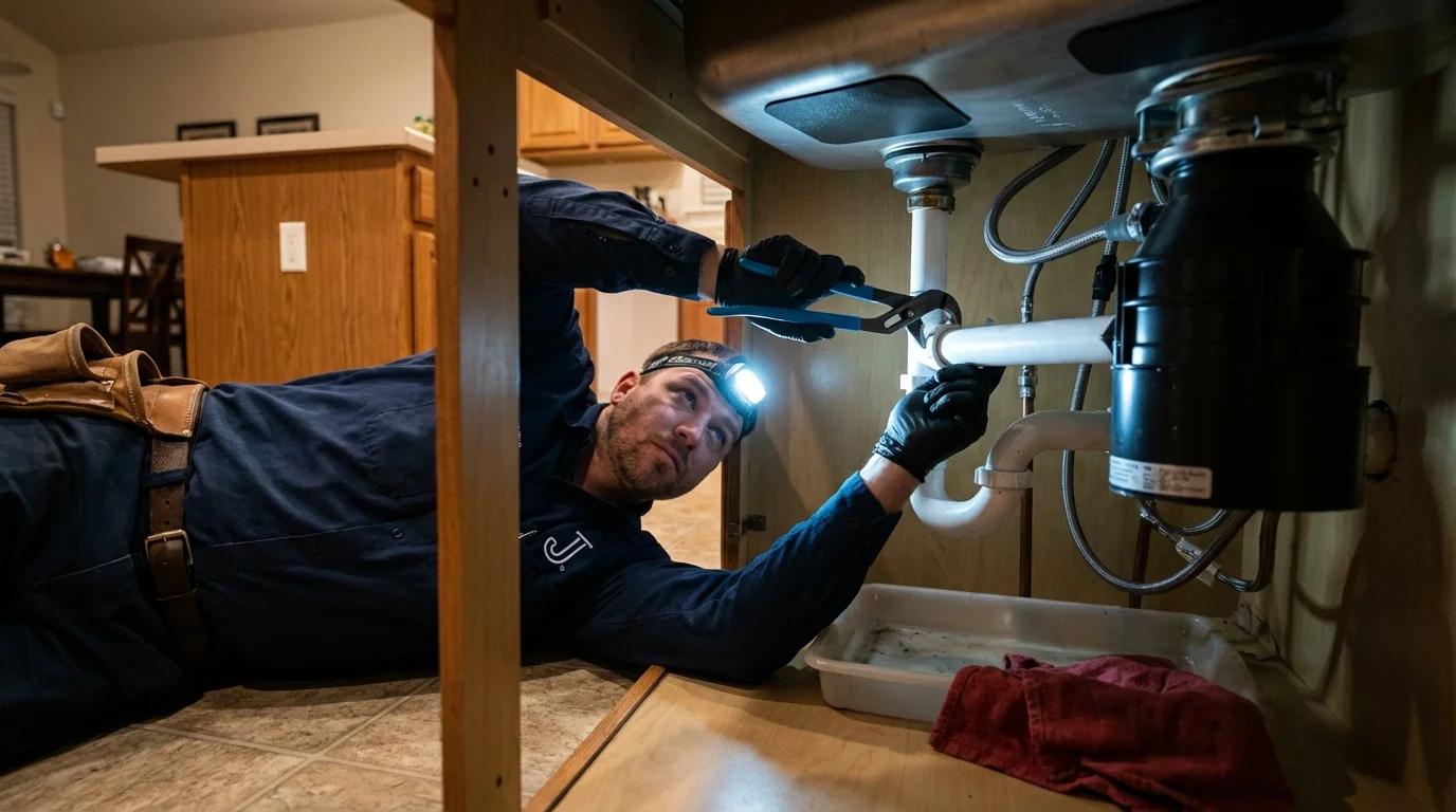 P-trap and supply line connections under a kitchen sink showing a common leak point in Mineral Point, WI